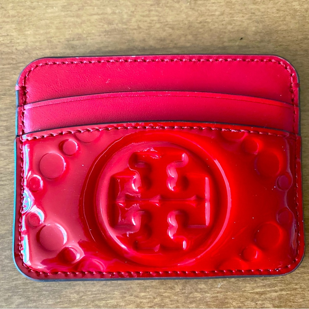 Tory Burch T Monogram Patent Red Leather Card Case used
